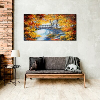 Golden bridge in autumn park Glass Wall Art