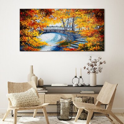 Golden bridge in autumn park Glass Wall Art