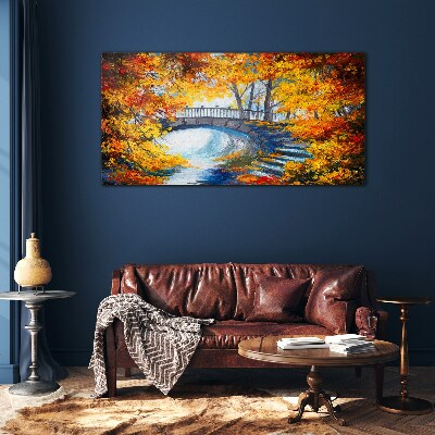 Golden bridge in autumn park Glass Wall Art