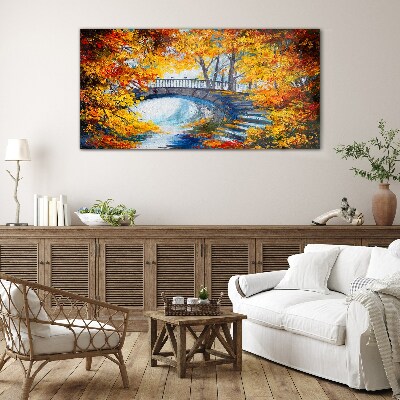 Golden bridge in autumn park Glass Wall Art