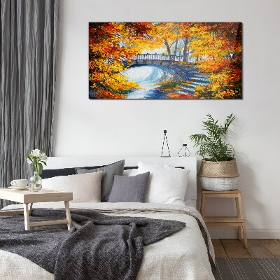 Golden bridge in autumn park Glass Wall Art