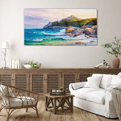 Painting sea coast forest Glass Wall Art