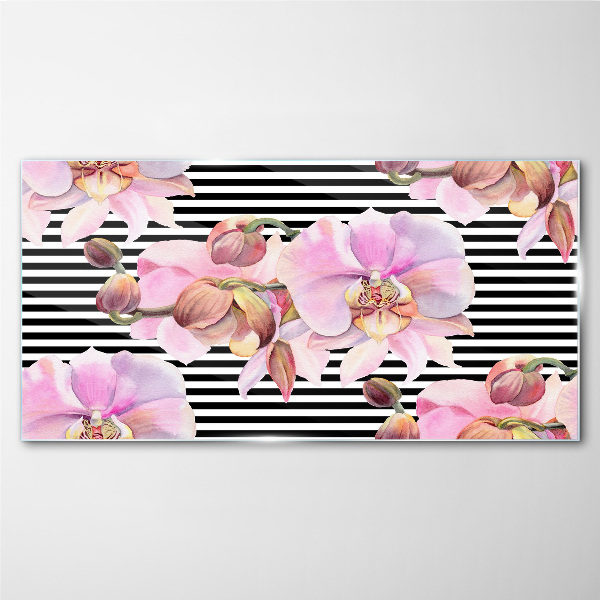 Orchids on a background of black stripes Glass Wall Art