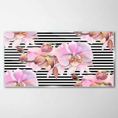 Orchids on a background of black stripes Glass Wall Art