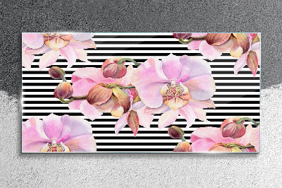 Orchids on a background of black stripes Glass Wall Art