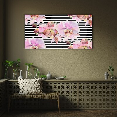 Orchids on a background of black stripes Glass Wall Art