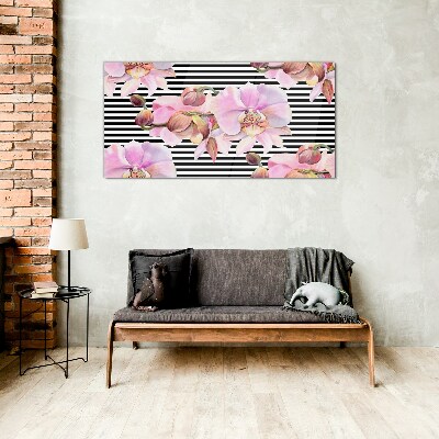 Orchids on a background of black stripes Glass Wall Art
