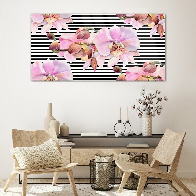 Orchids on a background of black stripes Glass Wall Art