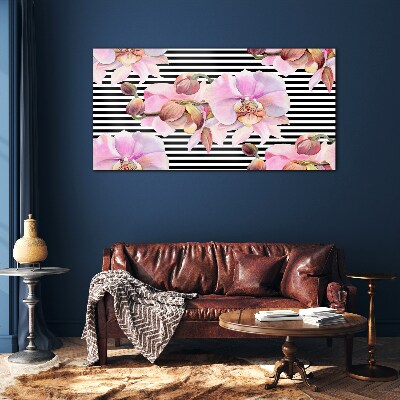 Orchids on a background of black stripes Glass Wall Art