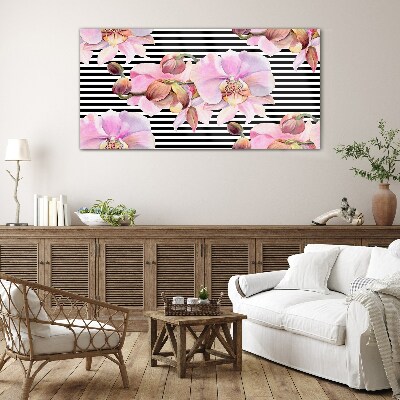 Orchids on a background of black stripes Glass Wall Art
