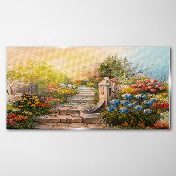 Flower garden with fountain Glass Wall Art
