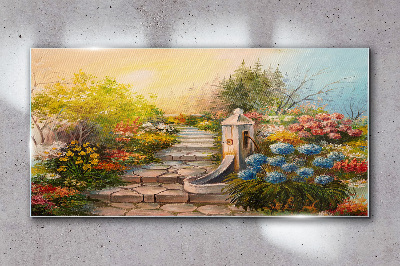 Flower garden with fountain Glass Wall Art