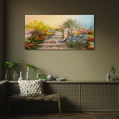 Flower garden with fountain Glass Wall Art