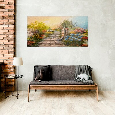 Flower garden with fountain Glass Wall Art