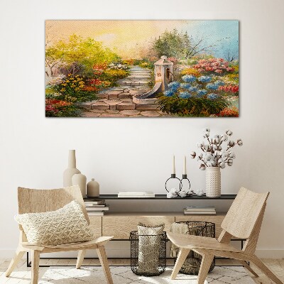 Flower garden with fountain Glass Wall Art