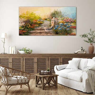 Flower garden with fountain Glass Wall Art