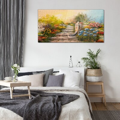 Flower garden with fountain Glass Wall Art