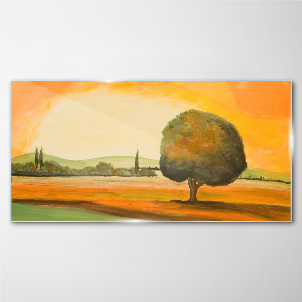 Golden glade with a tree Glass Wall Art