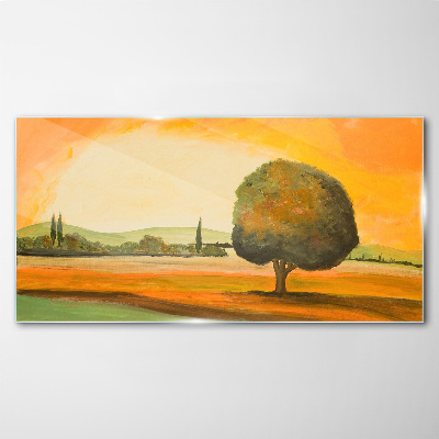 Golden glade with a tree Glass Wall Art