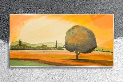 Golden glade with a tree Glass Wall Art