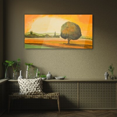 Golden glade with a tree Glass Wall Art
