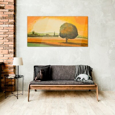Golden glade with a tree Glass Wall Art