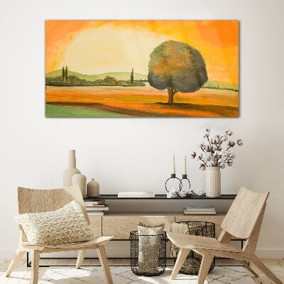 Golden glade with a tree Glass Wall Art