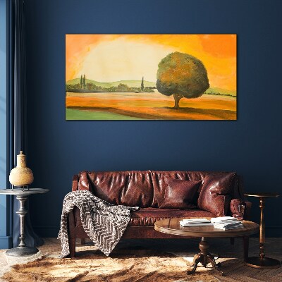Golden glade with a tree Glass Wall Art