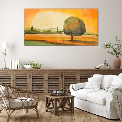 Golden glade with a tree Glass Wall Art