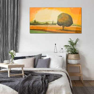 Golden glade with a tree Glass Wall Art