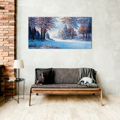 Winter landscape in blue Glass Wall Art