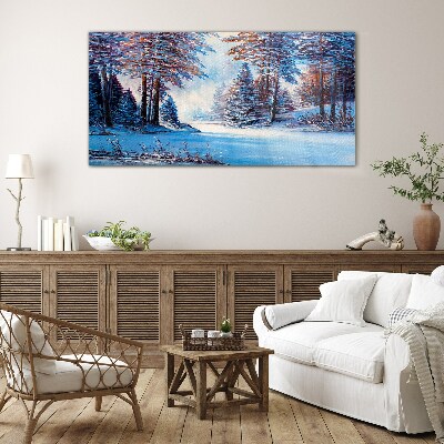 Winter landscape in blue Glass Wall Art