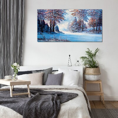 Winter landscape in blue Glass Wall Art
