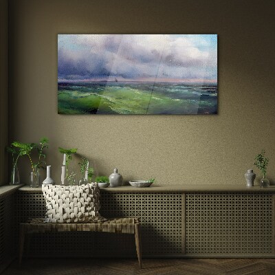 Waves under stormy skies Glass Wall Art