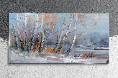Autumn birches by the river Glass Wall Art