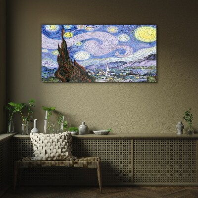 Starry night over the town Glass Wall Art