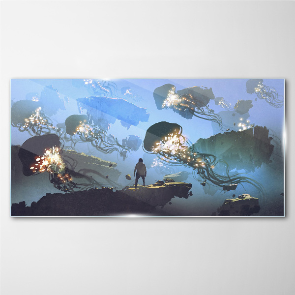 Underwater journey in the light of jellyfish Glass Wall Art