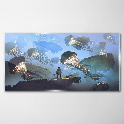 Underwater journey in the light of jellyfish Glass Wall Art