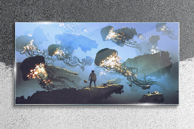 Underwater journey in the light of jellyfish Glass Wall Art