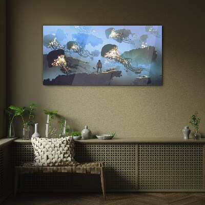 Underwater journey in the light of jellyfish Glass Wall Art