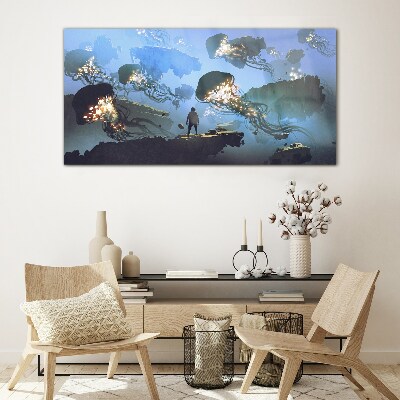 Underwater journey in the light of jellyfish Glass Wall Art
