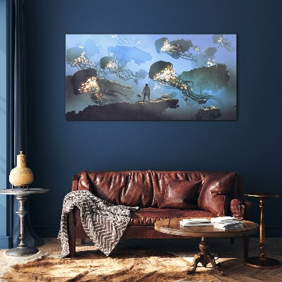 Underwater journey in the light of jellyfish Glass Wall Art