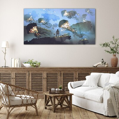 Underwater journey in the light of jellyfish Glass Wall Art