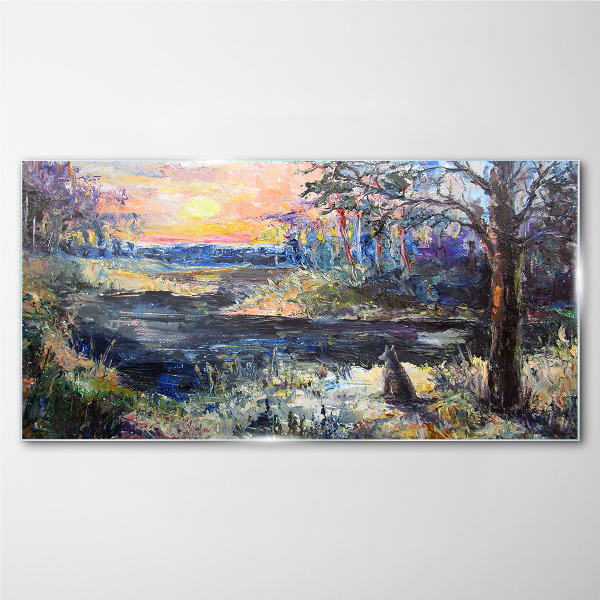 Sunset over the lake Glass Wall Art