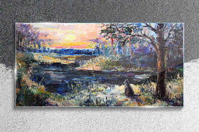 Sunset over the lake Glass Wall Art