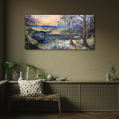Sunset over the lake Glass Wall Art
