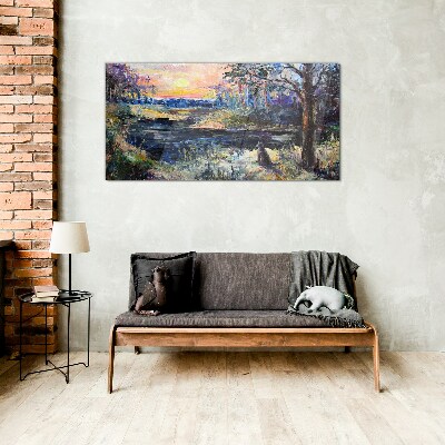 Sunset over the lake Glass Wall Art