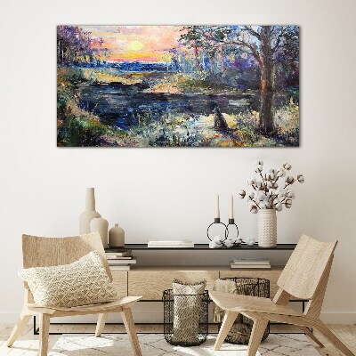 Sunset over the lake Glass Wall Art