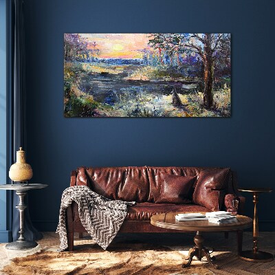 Sunset over the lake Glass Wall Art