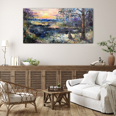 Sunset over the lake Glass Wall Art